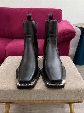 SHEIN Black Square Toe Western Boots with Silver Stud Accents